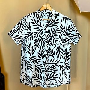 White With Black Nature Design Button Down Short Sleeve Shirt